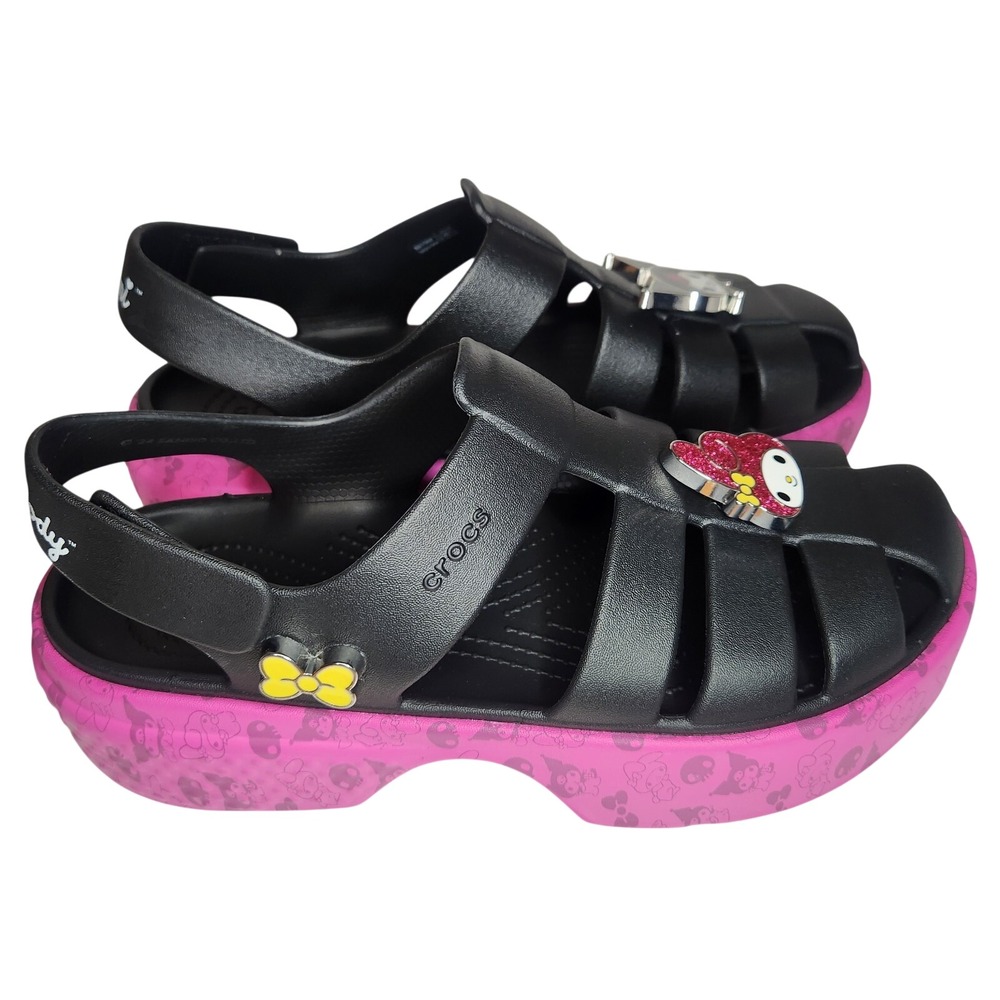 CROCS Sandals W9 M11 Black Pink Platform Hello Kitty Kuromi Whimsigoth NEW - Picture 3 of 7